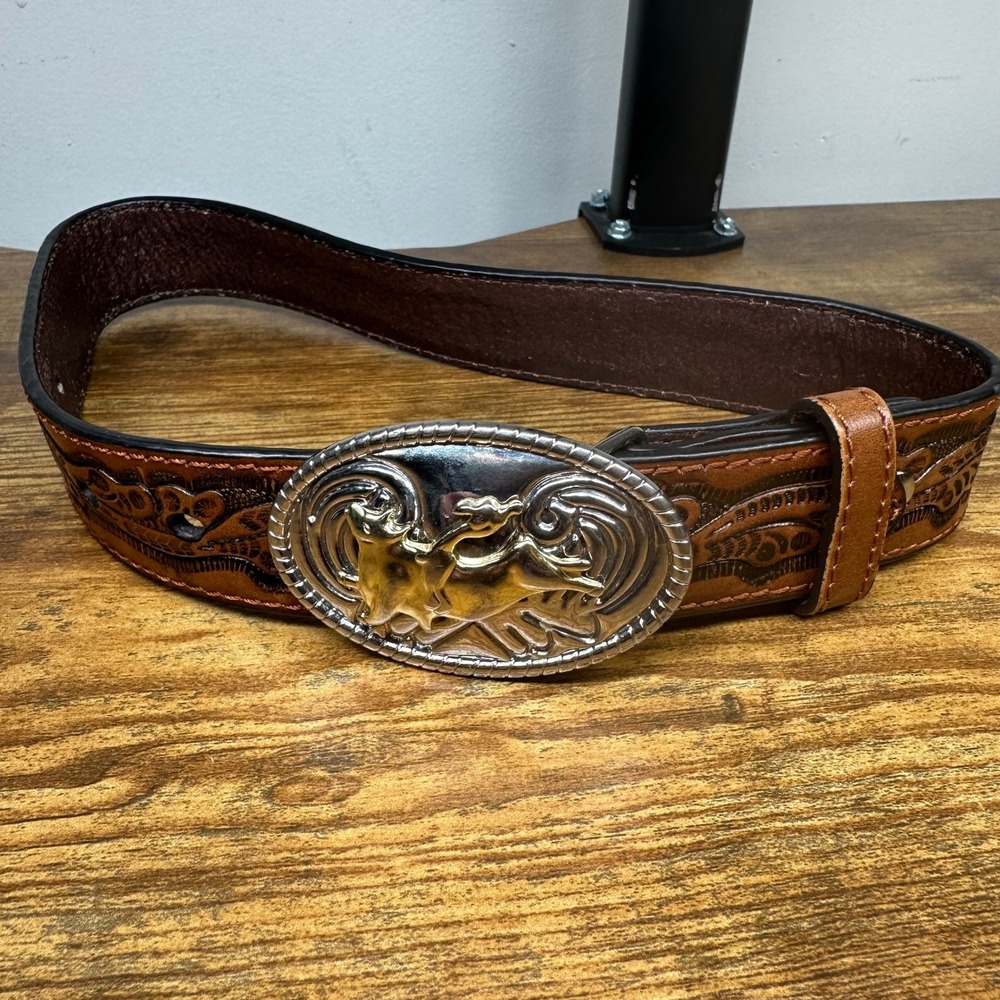 Nocona Kids Brown Leather Western Belt Bull Rider Trophy Buckle Tooled Size 18